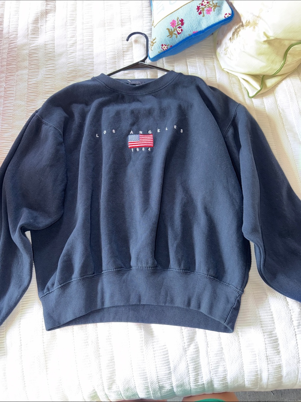 Brandy Melville Navy Crewneck with Red & White Flag Graphic